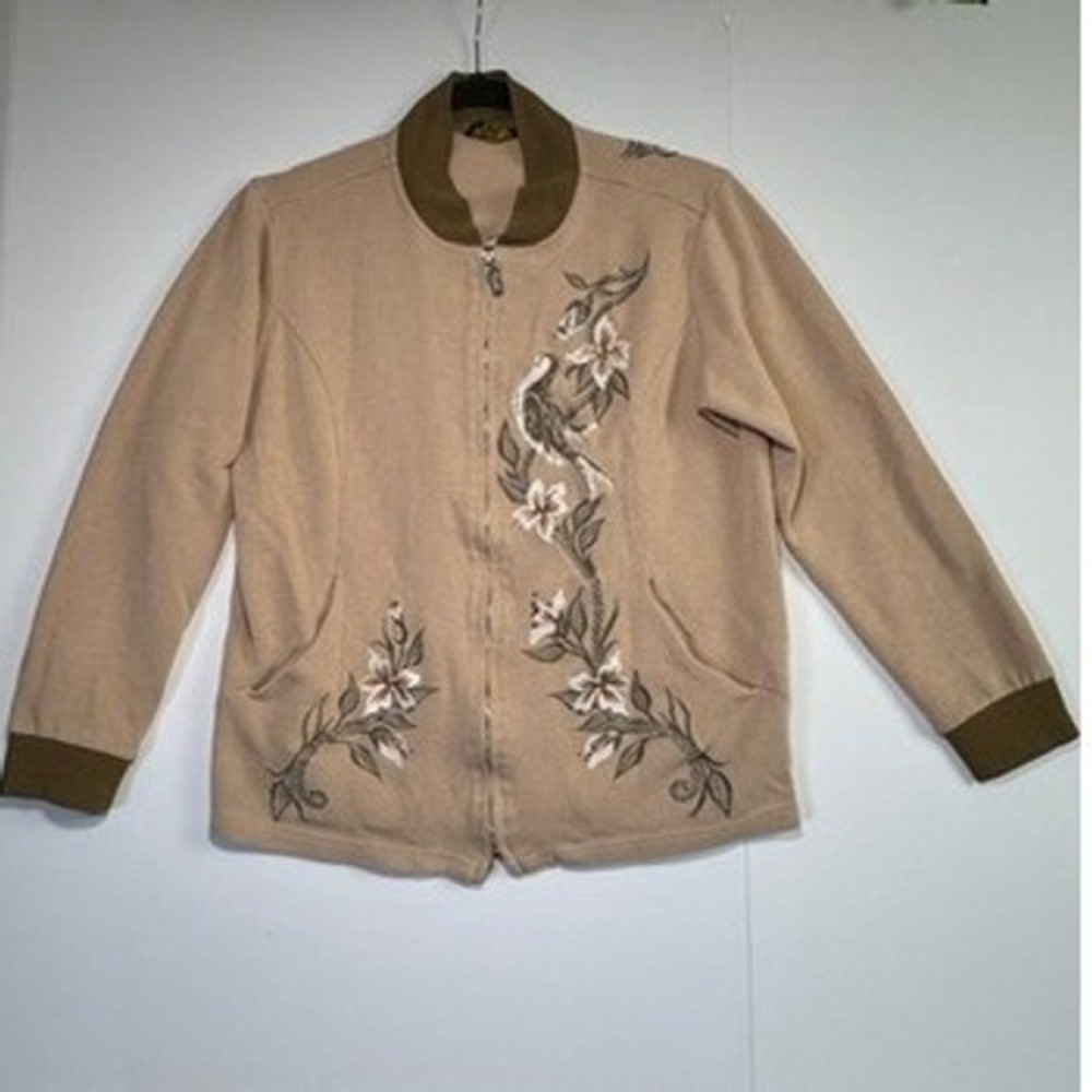 Bob Mackie Wearable Art Tan Embroidered Bird Floral Full Zip Front Cardigan XS